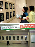 Visitors look at the photographs with zeal.